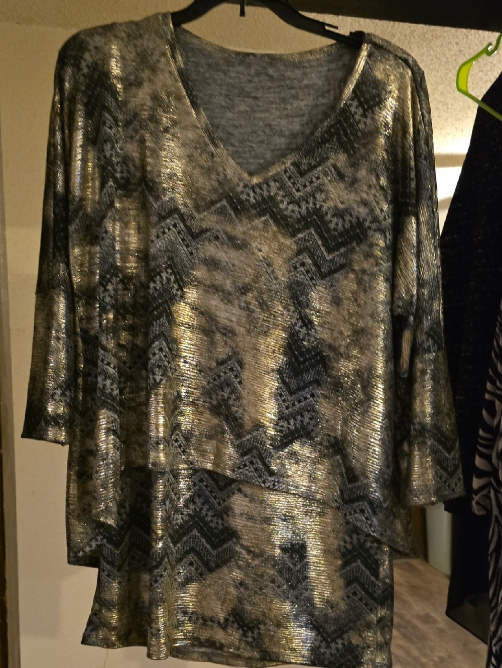 Shimmery Metallic Black and Gold V-Neck Women's Top